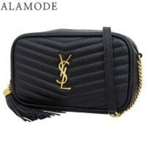SAINT LAURENT PARIS Lou Shoulder Bag YSL Logo V Stitched Fringe Black Leather